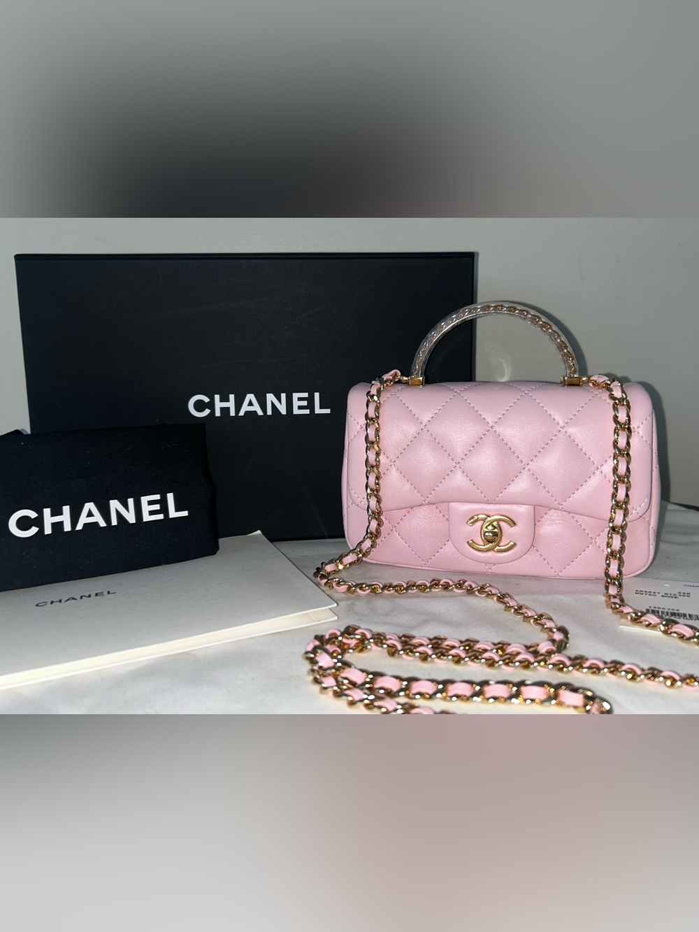 NEW! CHANEL 24S Mini Top Handle Flap Bag Quilted Lambskin Rose Light Pink - Picture 4 of 16